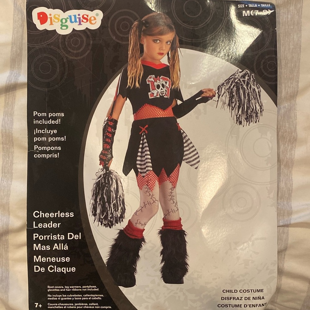 Kids zombie cheerleader, costume size medium with pom-poms.